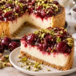 Cheesecake de cereza y pistacho, un postre delicioso y colorido