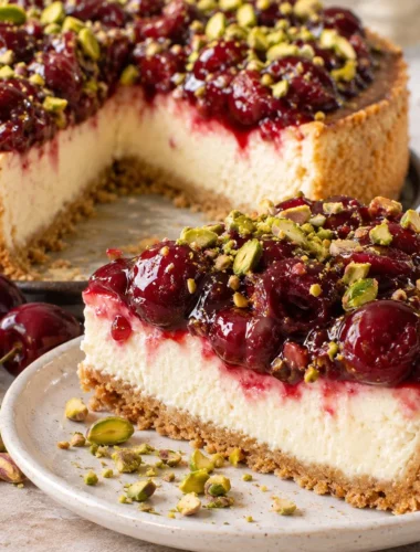 Cheesecake de cereza y pistacho, un postre delicioso y colorido