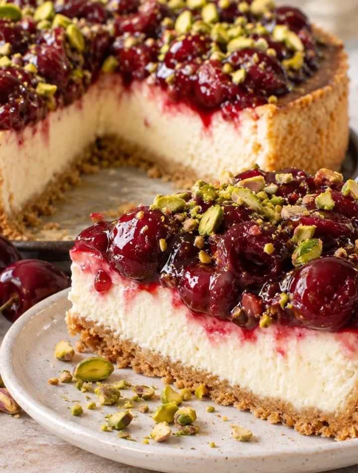 Cheesecake de cereza y pistacho 4 Cheesecake de cereza y pistacho, un postre delicioso y colorido