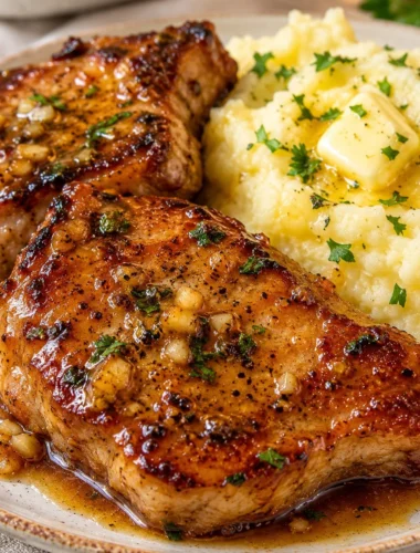 Chuletas de cerdo glaseadas con miel y ajo acompañadas de puré de patatas