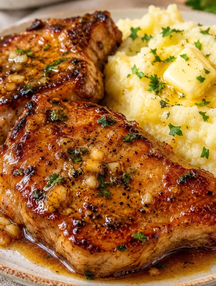 Chuletas de Cerdo con Miel, Ajo y Puré de Patatas 4 Chuletas de cerdo glaseadas con miel y ajo acompañadas de puré de patatas