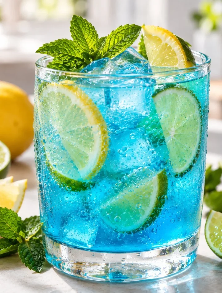 Mocktail cítrico azul: bebida refrescante de verano 4 Mocktail cítrico azul servido en un vaso con hielo y frutas