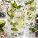 Mojitos Navideños Blancos con Vodka de Arándano Blanco en un vaso decorativo.