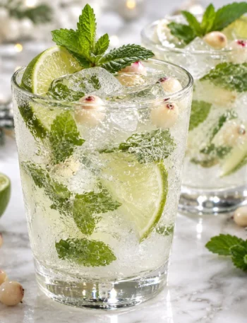 Mojitos Navideños Blancos con Vodka de Arándano Blanco en un vaso decorativo.