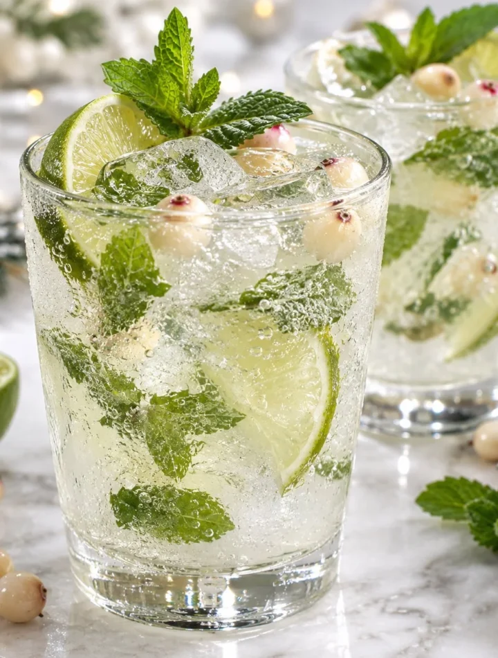 Mojitos Navideños Blancos con Vodka de Arándano Blanco 4 Mojitos Navideños Blancos con Vodka de Arándano Blanco en un vaso decorativo.