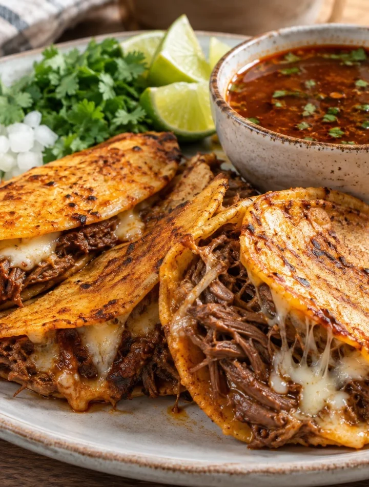 Tacos de quesabirria para el desayuno 4 Tacos de quesabirria listos para el desayuno, con carne y quesillo derretido.
